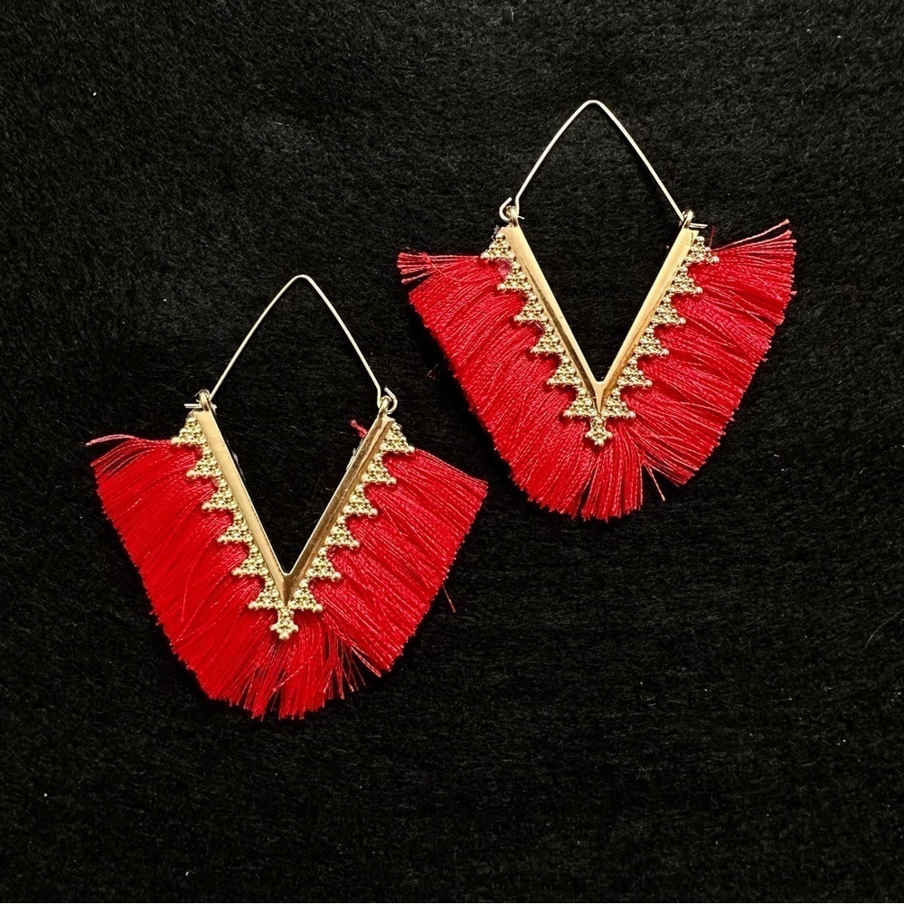 Red Chevron Tassel Earrings on Gold Tone Boho Aztec Southwestern Festival